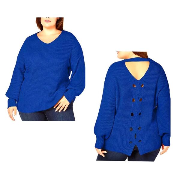 NY Collection blue cutout twist back knit sweater size large - Picture 1 of 8